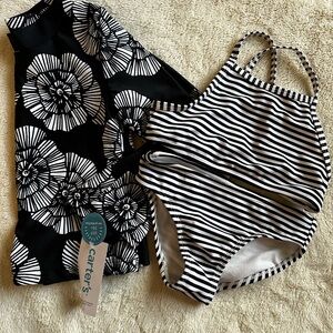 Carter's Black & White Striped Girls One-Piece Swimsuit